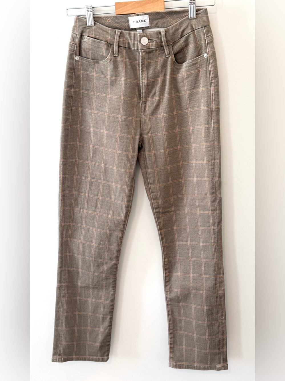 FRAME Windowpane Plaid Crop Straight Leg Pants Brown Size 25